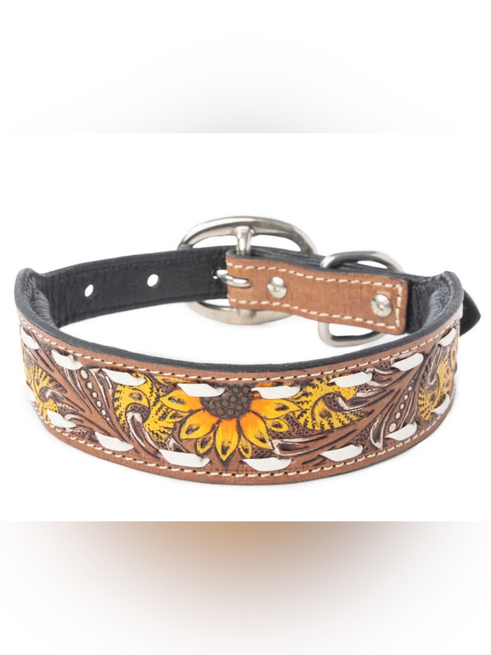 MYRA PRAIRIE SUNFLOWER TRAIL DOG COLLAR SANDSTONE LARGE 18”-22” TOOLED LEATHER